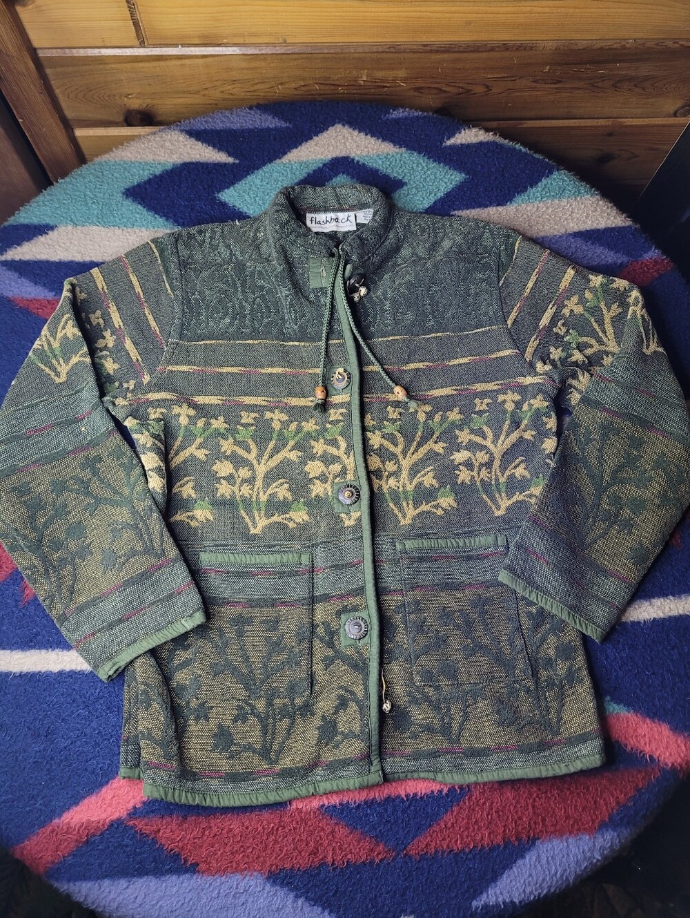 Vtg Flashback Tapestry Jacket Womens Medium Green Button Up Plant Garden Chore